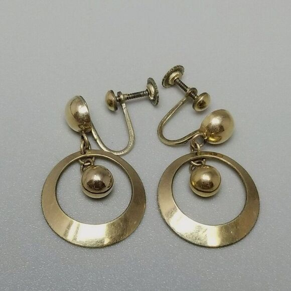 Vintage JMS Signed Yellow Gold Filled Dangle Clip On Earrings, Screw Backs - Picture 6 of 6